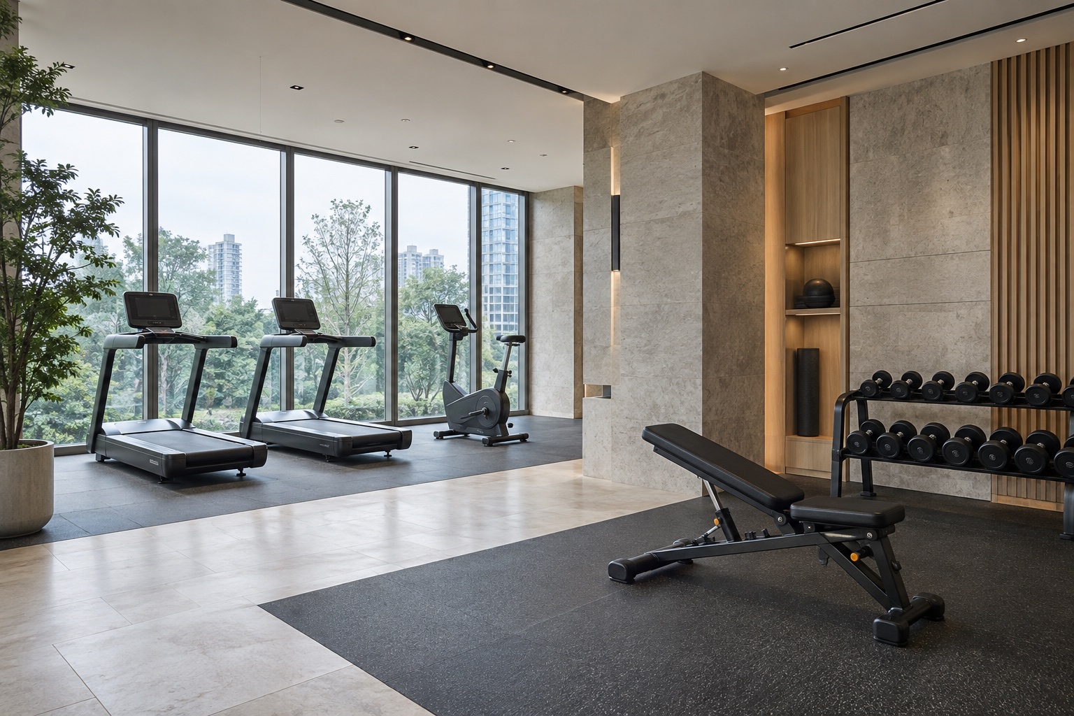 Hotel fitness space concept with window-side cardio equipment, pale oak finishes and a dumbbell area